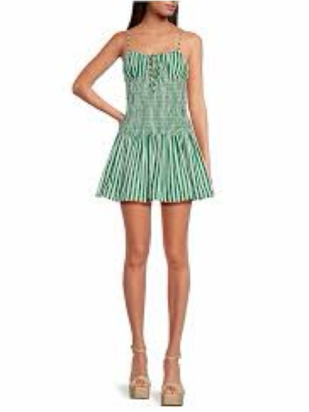 Gianni Bini Ellie Stripe Smocked Drop Waist Bubble Hem Mini Dress Green XS
